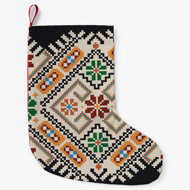 Petite Chaussette De Noël Crochet ukrainien : Motif artisanal ethnique. (Devant)