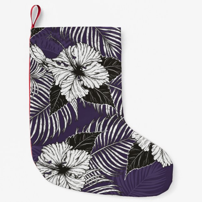 Petite Chaussette De Noël Croquis de palme d'Areca et d'Hibiscus à la main.  (Devant)