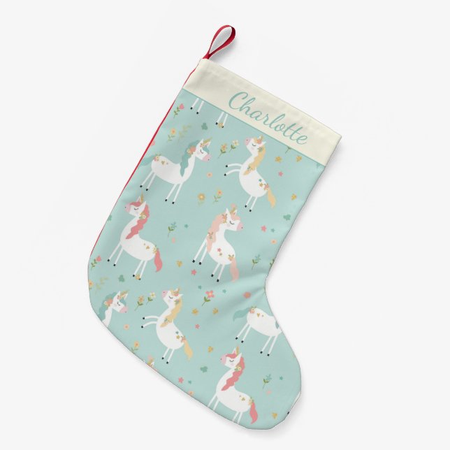 Petite Chaussette De Noël Cute Blue Unicorn Parties scintillant or Floral Pe (Devant (Accrochage))