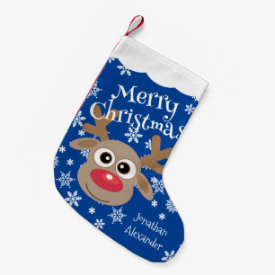 Petite Chaussette De Noël Cute Cartoon Reindeer White Snowflakes Blue Nom