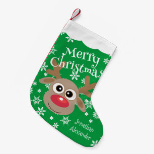 Petite Chaussette De Noël Cute Cartoon Reindeer White Snowflakes Green Name