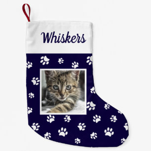 Petite Chaussette De Noël Cute Custom Cat Nom photo Blue White Paws