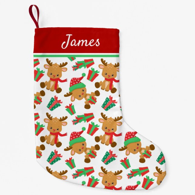 Petite Chaussette De Noël Cute Modern Christmas Reindeer Nom personnalisé (Devant)