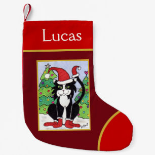 Petite Chaussette De Noël Cute Tuxedo Cat en neige avec Casquette et bonbons