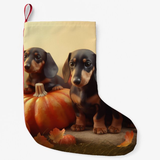 Petite Chaussette De Noël Dachshund Chiot Automne Citrouille de plaisir (Devant)