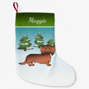 Petite Chaussette De Noël Dachshund poil long couleur rouge renard - Forêt d