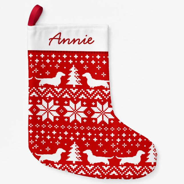 Petite Chaussette De Noël Dachshund Silhouettes Motif Rouge et blanc Cute (Devant)