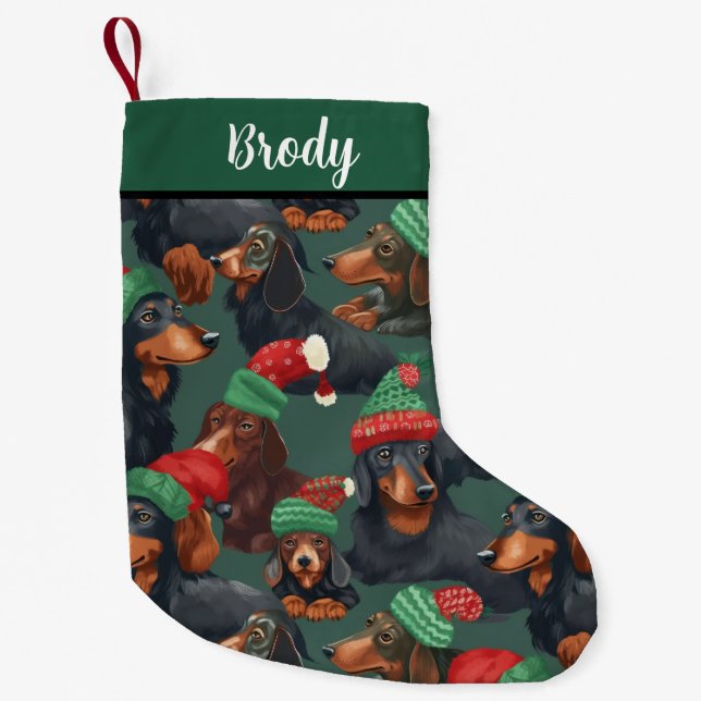 Petite Chaussette De Noël Dachshunds en Casquettes de vacances (Devant)