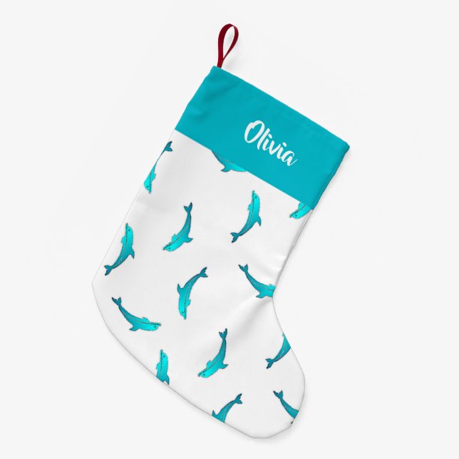 Petite Chaussette De Noël Dauphins bleus sur blanc (Devant (Accrochage))