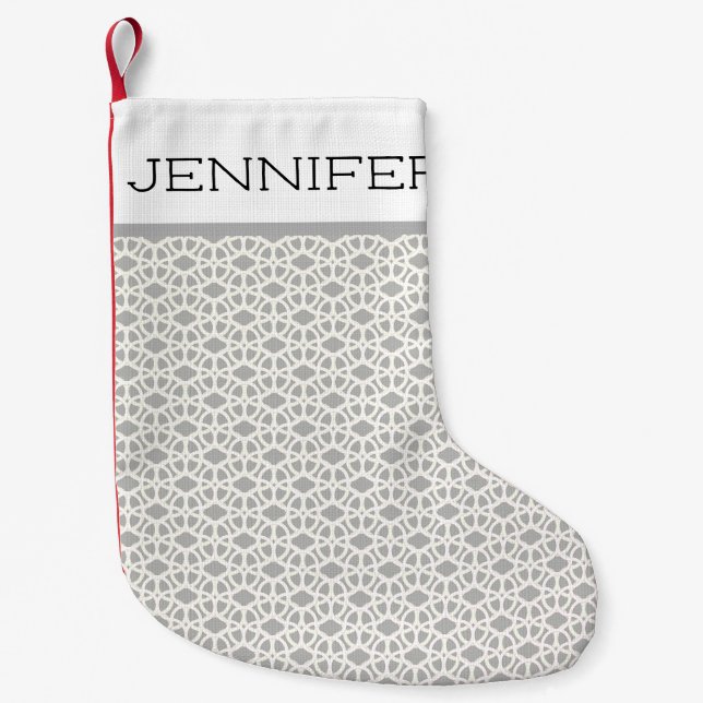 Petite Chaussette De Noël Dentelle blanche et grise Nom personnalisé (Devant)