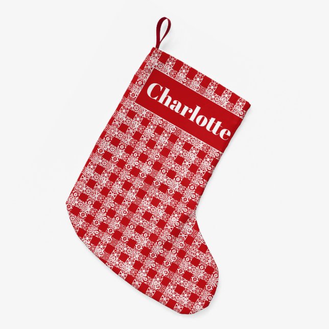 Petite Chaussette De Noël Dentelle blanche rouge plaid à damiers nom personn (Devant (Accrochage))