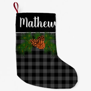 Petite Chaussette De Noël Détails du cône de pin plaid rustique gris