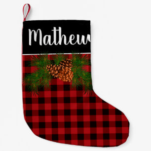 Petite Chaussette De Noël Détails du cône de pin plaid rustique rouge noir