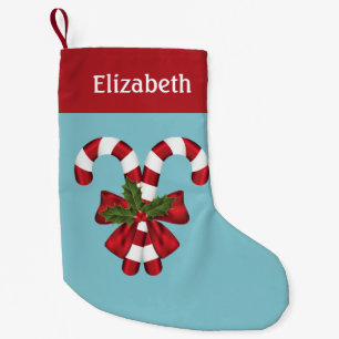 Petite Chaussette De Noël Deux Sucres de canne Rouge Et Blanc Sur Bleu Avec 