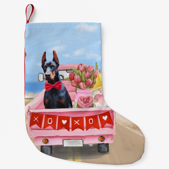 Petite Chaussette De Noël Doberman Chien Saint-Valentin Coeurs de camion (Devant)