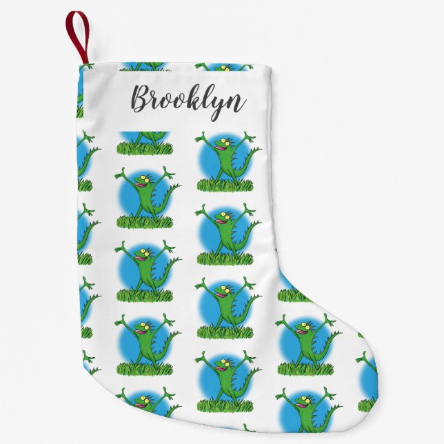 Petite Chaussette De Noël Drôle vert souriant animé lézard d'iguane (Devant)