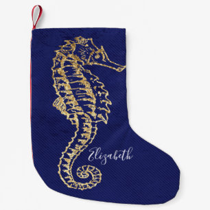 Petite Chaussette De Noël Elégant Blue Gold Côte Plage Sea Horse