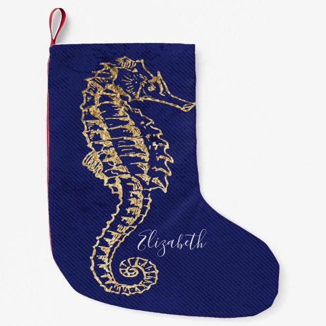 Petite Chaussette De Noël Elégant Blue Gold Côte Plage Sea Horse (Devant)