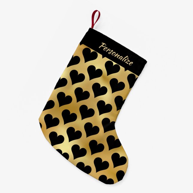 Petite Chaussette De Noël Elegant Gold Black Hearts Personalized  (Devant (Accrochage))