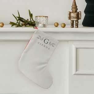 Petite Chaussette De Noël Élégant Monogramme botanique vert et nom