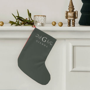 Petite Chaussette De Noël Élégant Monogramme botanique vert et nom