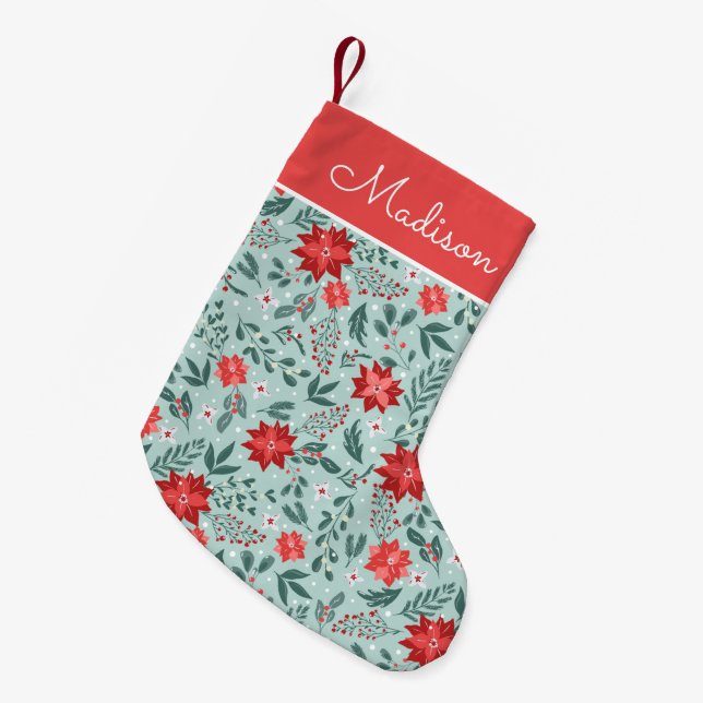Petite Chaussette De Noël Elégant Motif Poinsettia Personnalisé (Devant (Accrochage))