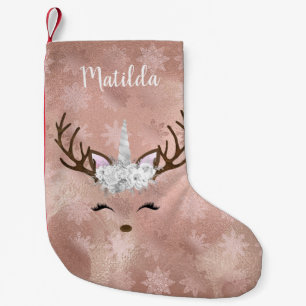 Petite Chaussette De Noël Élégant rose en cuivre, licorne de rennes en mar