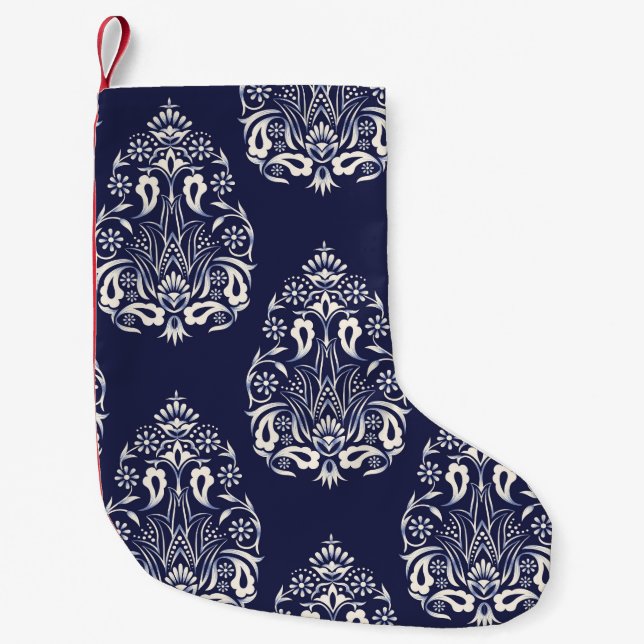 Petite Chaussette De Noël élément motif transparent damassé bleu (Devant)