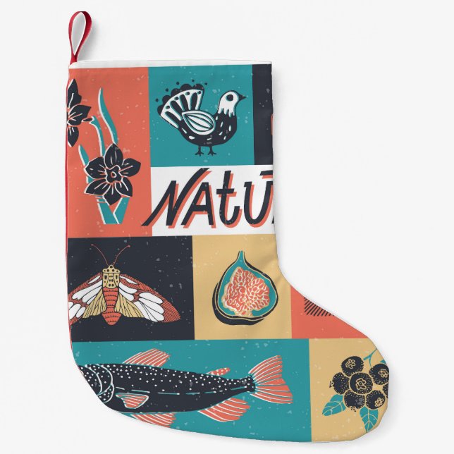 Petite Chaussette De Noël Éléments de la nature, Icônes de style rétro. (Devant)