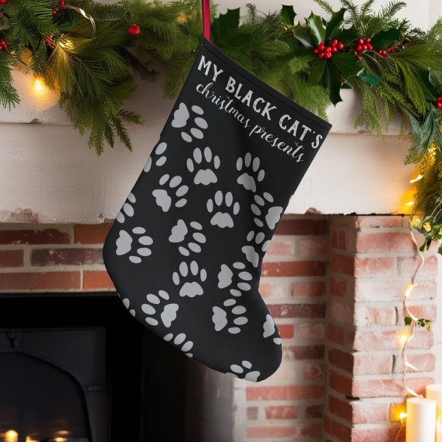 Petite Chaussette De Noël Empreinte de patte noir et gris Animaux domestique (Just add your black cat's name)