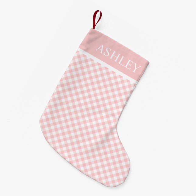 Petite Chaussette De Noël En vichy blanc rose Nom personnalisé (Devant (Accrochage))