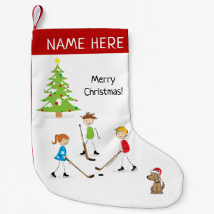 Petite Chaussette De Noël Enfants personnalisés jouant au hockey en étang