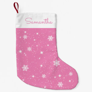 Petite Chaussette De Noël Étoiles de neige rose blanc Motif avec nom