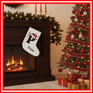 Petite Chaussette De Noël Famille Monogramme Noël Bois de Cerf Chapeau de Pè