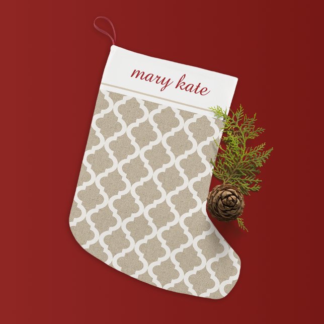 Petite Chaussette De Noël Faux Burlap rustique et Quatrefoil Marocain blanc (Créateur téléchargé)