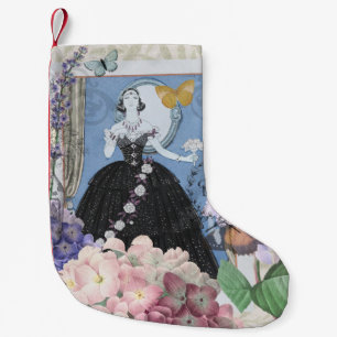Petite Chaussette De Noël Femme élégante bleue robe florale fantaisie 