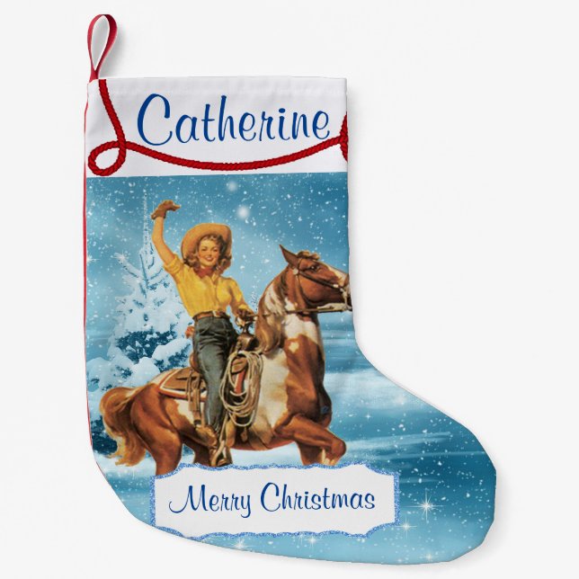 Petite Chaussette De Noël Femme Sur La Scène Hivernale Du Cheval (Devant)