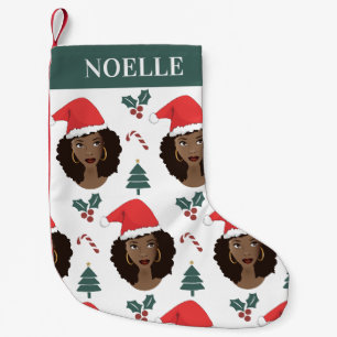 Petite Chaussette De Noël Femmes noires, chapeau de Père Noël rouge, Motif d
