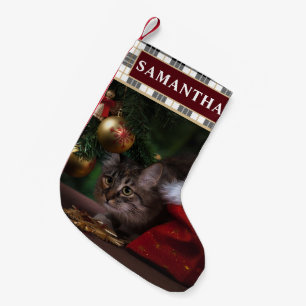 Petite Chaussette De Noël Festive Plaid Pet chat photo Noël Stocking