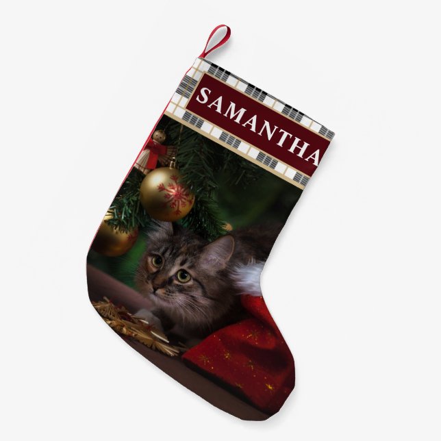 Petite Chaussette De Noël Festive Plaid Pet chat photo Noël Stocking (Devant (Accrochage))
