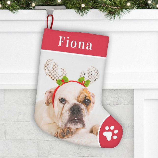 Petite Chaussette De Noël Festive Red Pet Empreinte de patte Monogramme Phot (Créateur téléchargé)