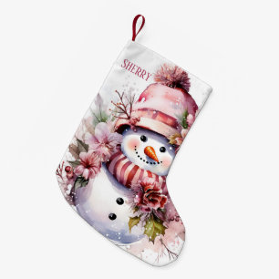 Petite Chaussette De Noël Festive rose neigeuse ajouter nom