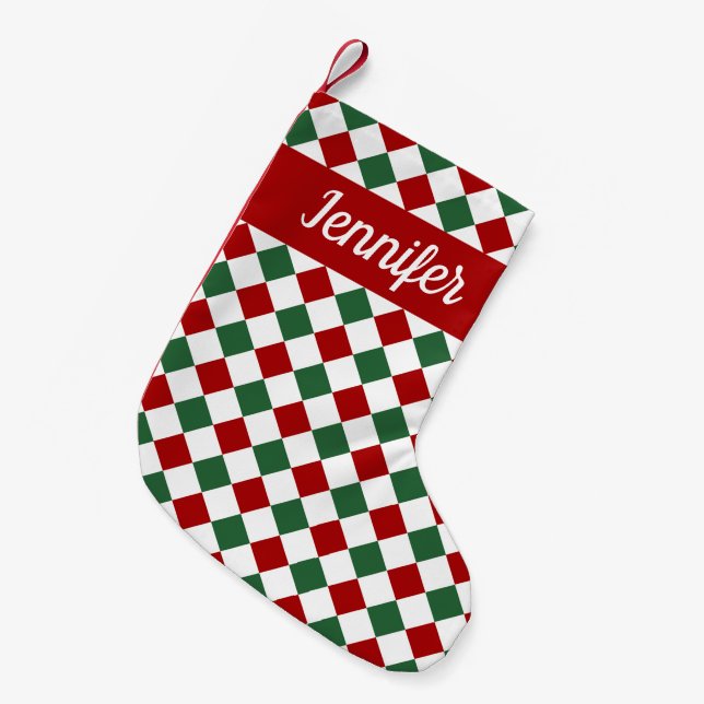 Petite Chaussette De Noël Festive Rouge et Green Checks Nom du script (Devant (Accrochage))