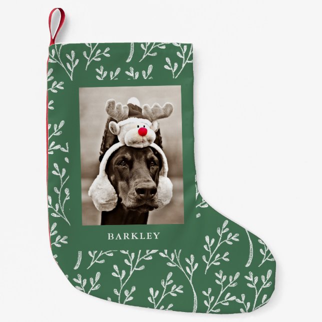 Petite Chaussette De Noël Feuilles festifs | Photo de vacances vertes (Devant)
