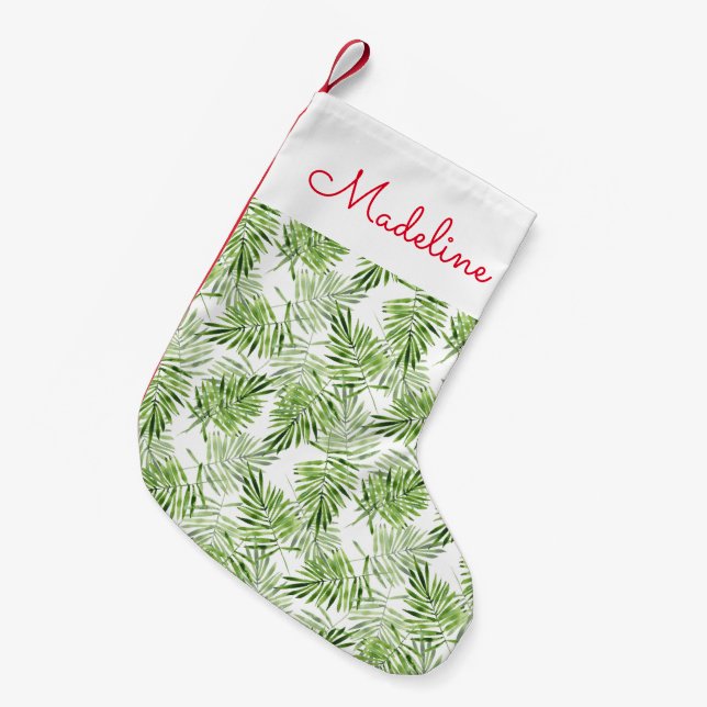 Petite Chaussette De Noël Feuilles Green Palm| Ajouter votre nom (Devant (Accrochage))