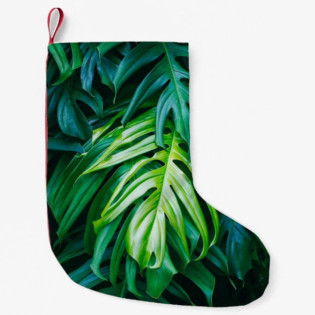 Petite Chaussette De Noël Feuilles verts tropicaux sur arrière - plan sombre (Devant)