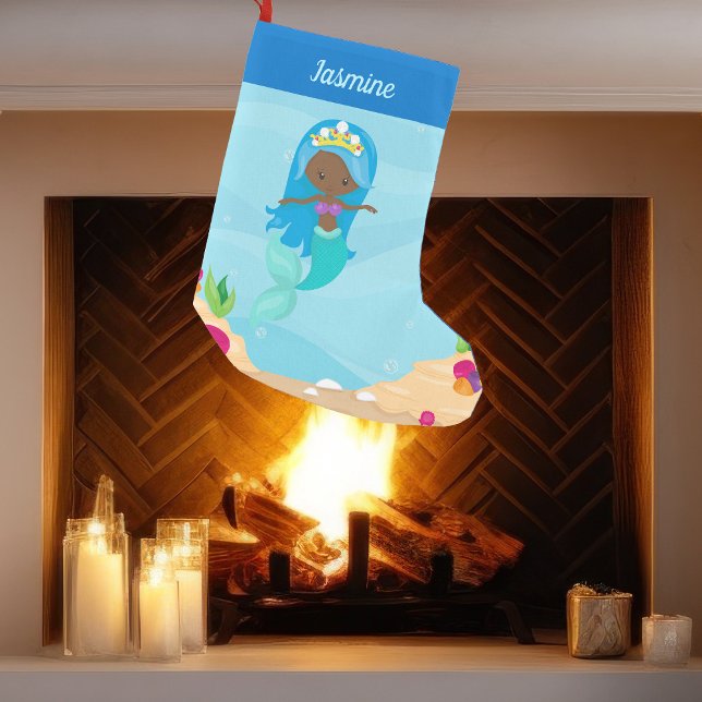 Petite Chaussette De Noël Fille de sirène noire mignonne Personnalisée Afric (Créateur téléchargé)