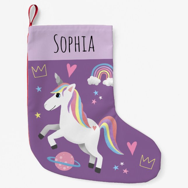 Petite Chaussette De Noël Filles mignonne violet licorne Arc en ciel et nom  (Devant)