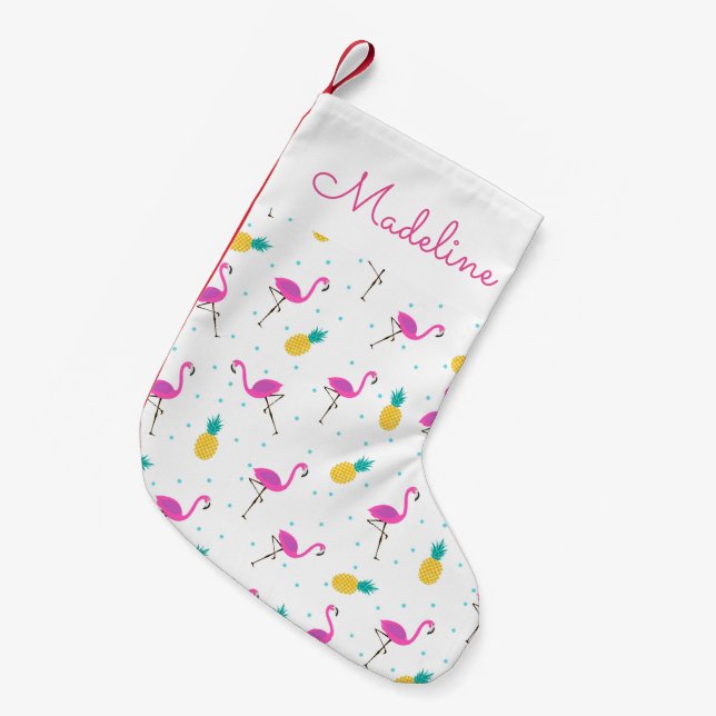 Petite Chaussette De Noël Flamants roses de néon| Ajouter votre nom (Devant (Accrochage))