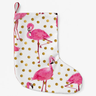 Petite Chaussette De Noël Flamants roses, points dorés, aquarelle.